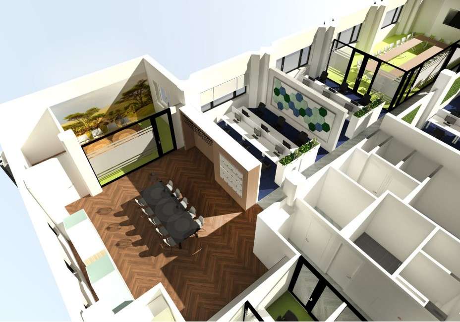Rendering van een deel van het ontwerp, open, flexibel, werken, overleggen, concentreren