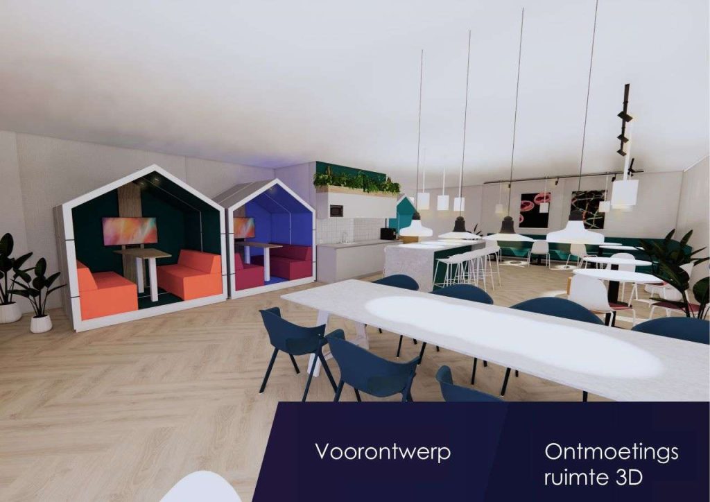 Multifuntionele ruimte lange tafel, kleinere ronde tafels, lage hoekbank, keuken met eiland en treincoupé's als huisjes